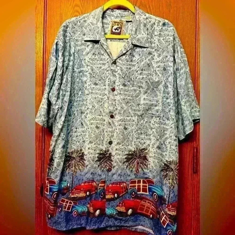 Blue Sky Apparel Men’s Hawaiian Shirt - Palm Trees & Classic Cars - Size XL
